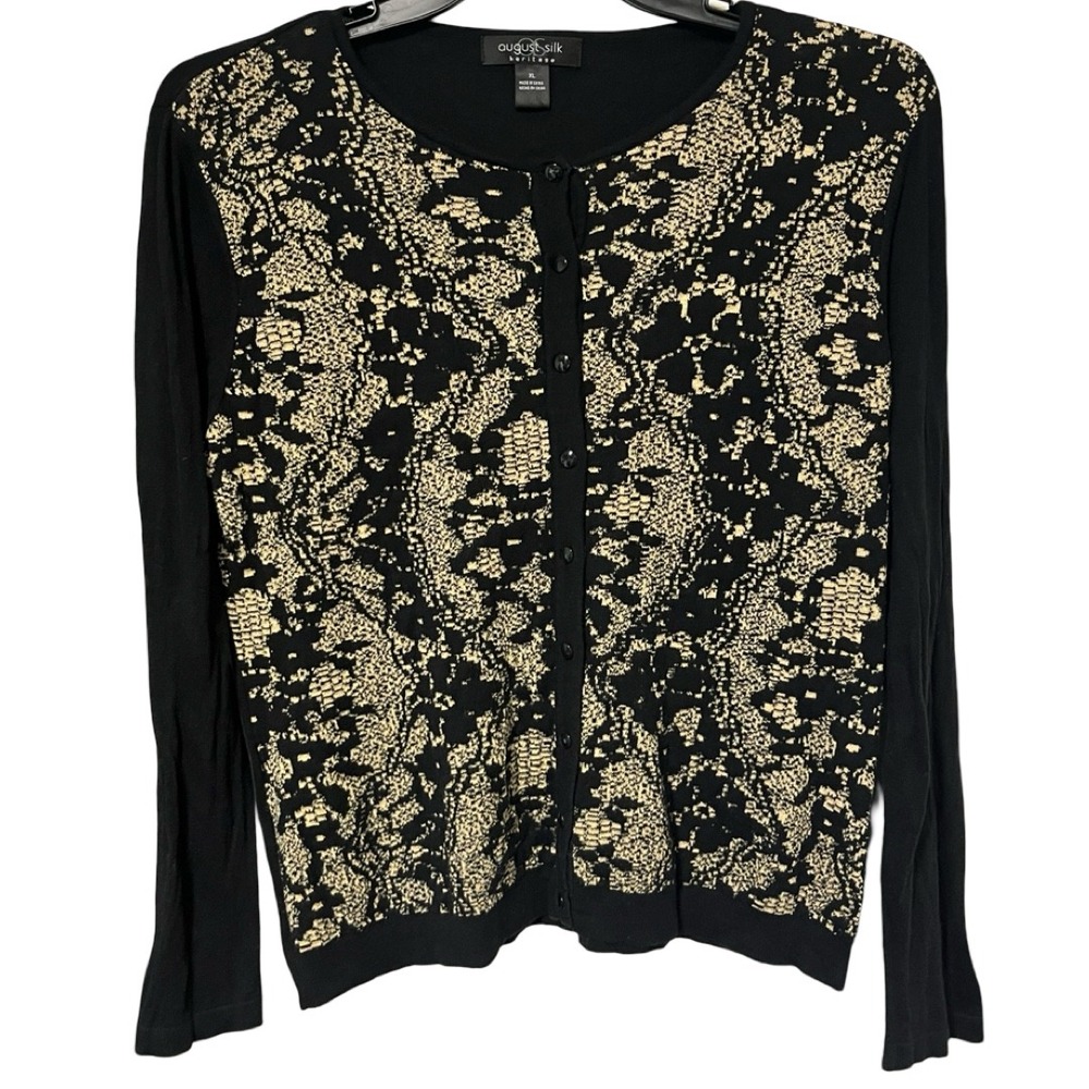 August Silk Heritage Black Gold Abstract Print Button Front Cardigan Size XL